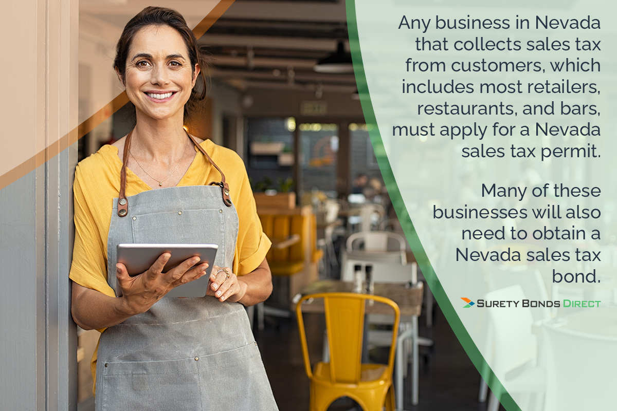 Any business in Nevada that collects sales tax from customers, which includes most retailers, restaurants, and bars, must apply for a Nevada sales tax permit. Many of these businesses will also need to ovtain a Nevada sales tax bond.