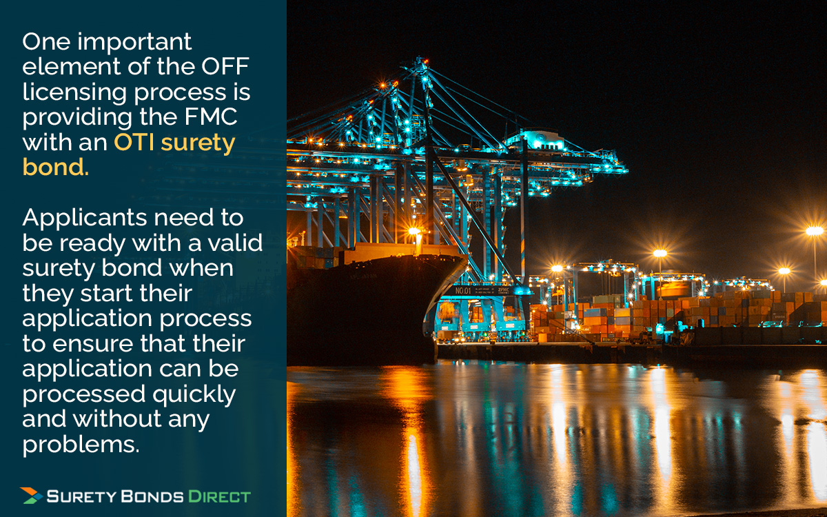 One important element of the OFF licensing process is providing the FMC with an OTI Ssurety bond. Applicants need to be ready with a valid surety bond when they start their application process to ensure that their application can be processed quickly and without any problems.