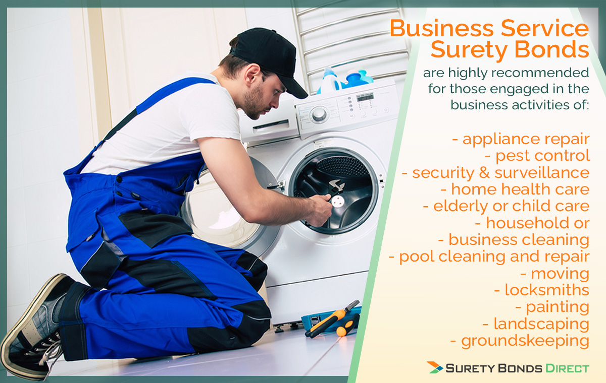 Business service surety bonds are highly recommended for those engaged in the business activites of: appliance repair, pest control, security and surveillance, home health care, elderly or child care, household or business cleaning, pool cleaning and repair, moving, locksmithing, painting, landscaping, and groundskeeping.