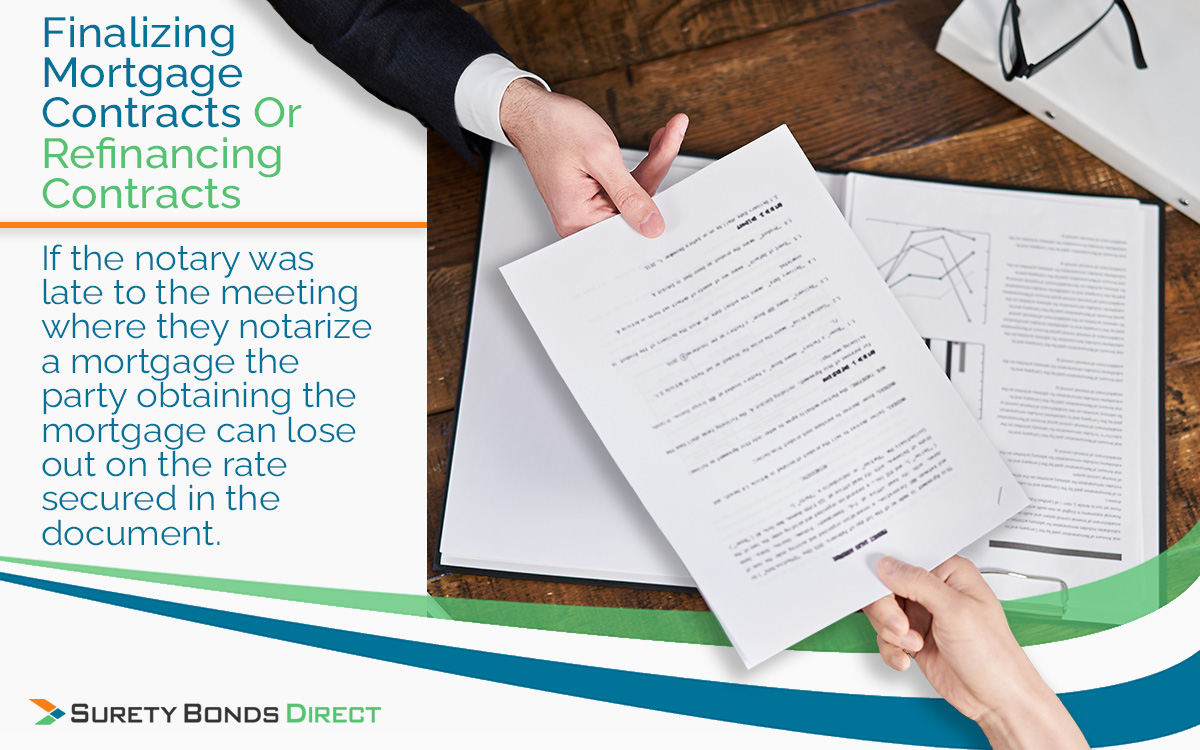 If the notary was late to the meeting where they notarize a mortgage the party obtaining the mortgage can lose out on the rate secured in the document.