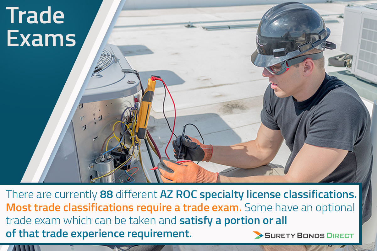 There are currently 88 different AZ ROC speciality contractor licenses. Most of these require a trade exam or give the option to take a trade exam to replace some of the required years of experience.