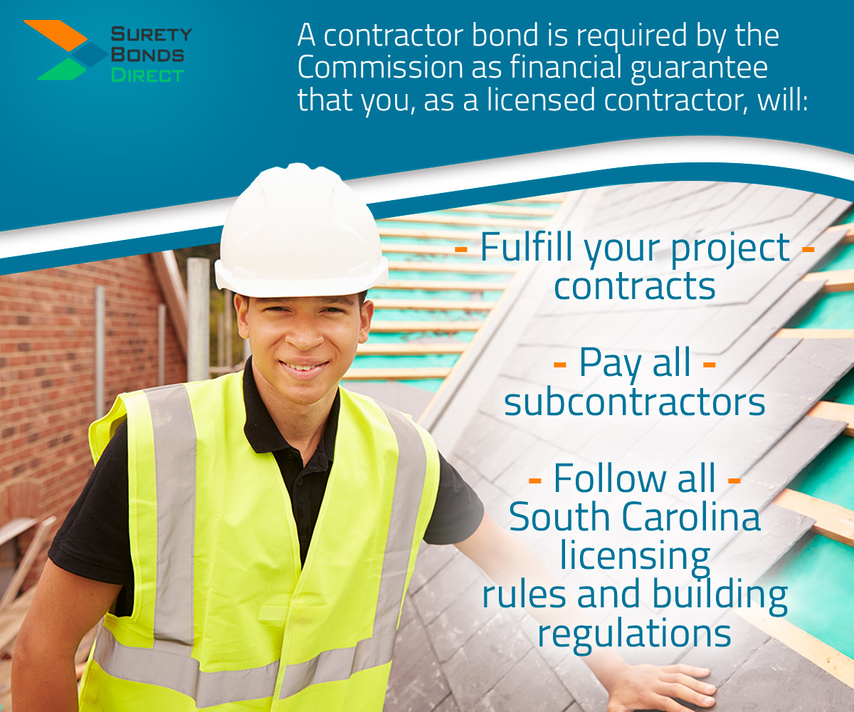 A contractor bond is required by the Commission as a financial guarantee that you, as the contractor, will fulfill your contracts, pay all subcontractors, and follow all rules and regulations determined by the state of South Carolina.