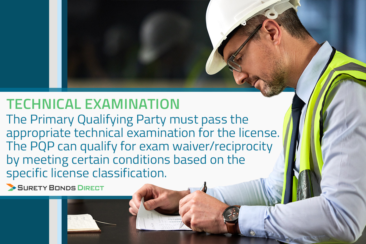 The technical examination. The qualifying party must pass the appropriate technical examination for the license. The PQP can qualify for exam waiver by meeting certain conditions based on the specific license classification