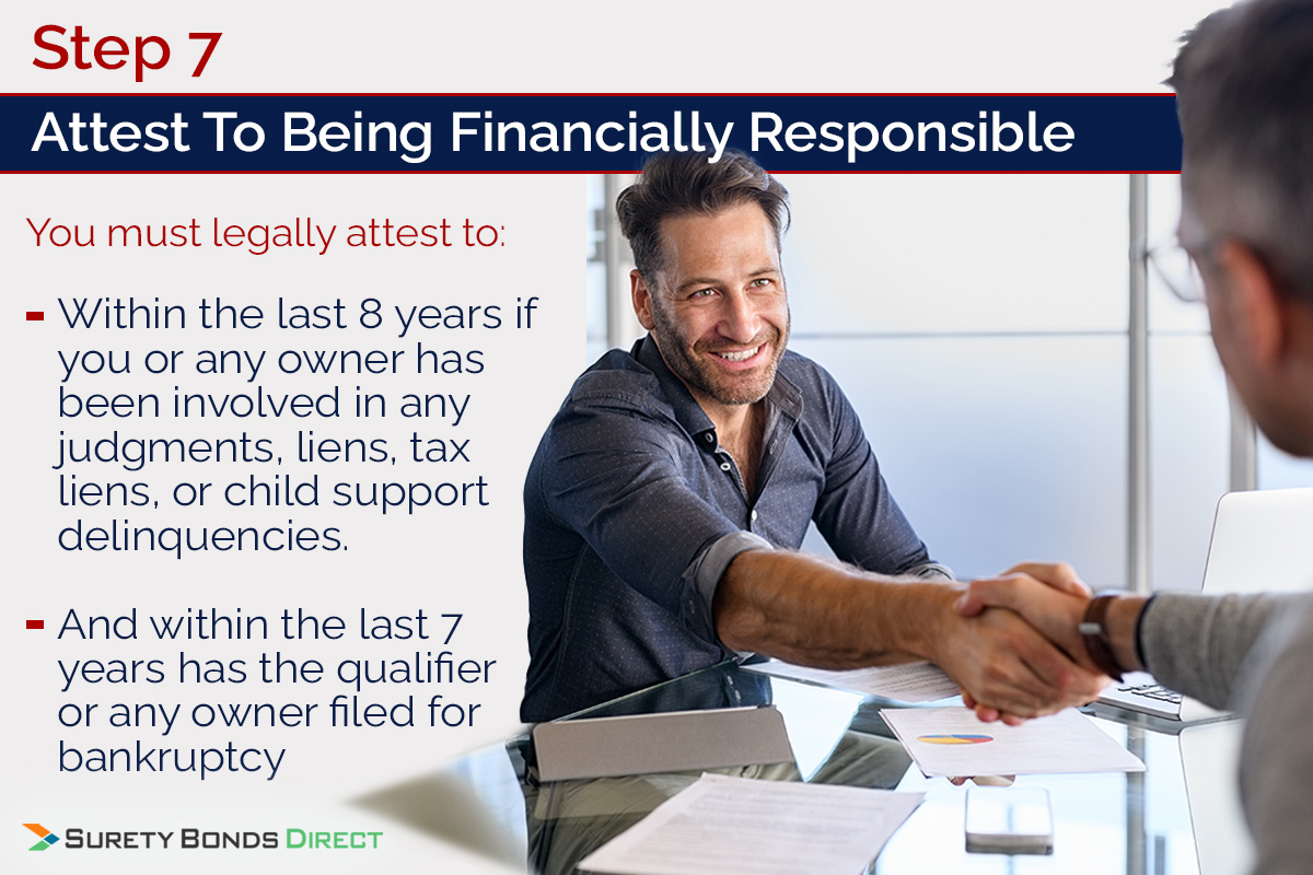 You just legally attest that any owner within the last 8 years has not been involved in any judgements, liens, tax liens, or child support. Within the last 7 years the qualifier or owner has not filed for bankruptcy.
