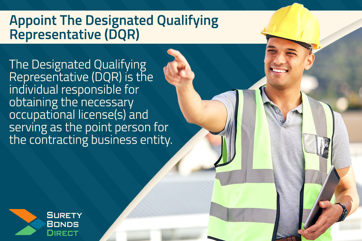 Appoint the designated qualifying representative. This is the person who is responsible for meeting all of the licensing and education requirements for the county and city where you'll be performing work.