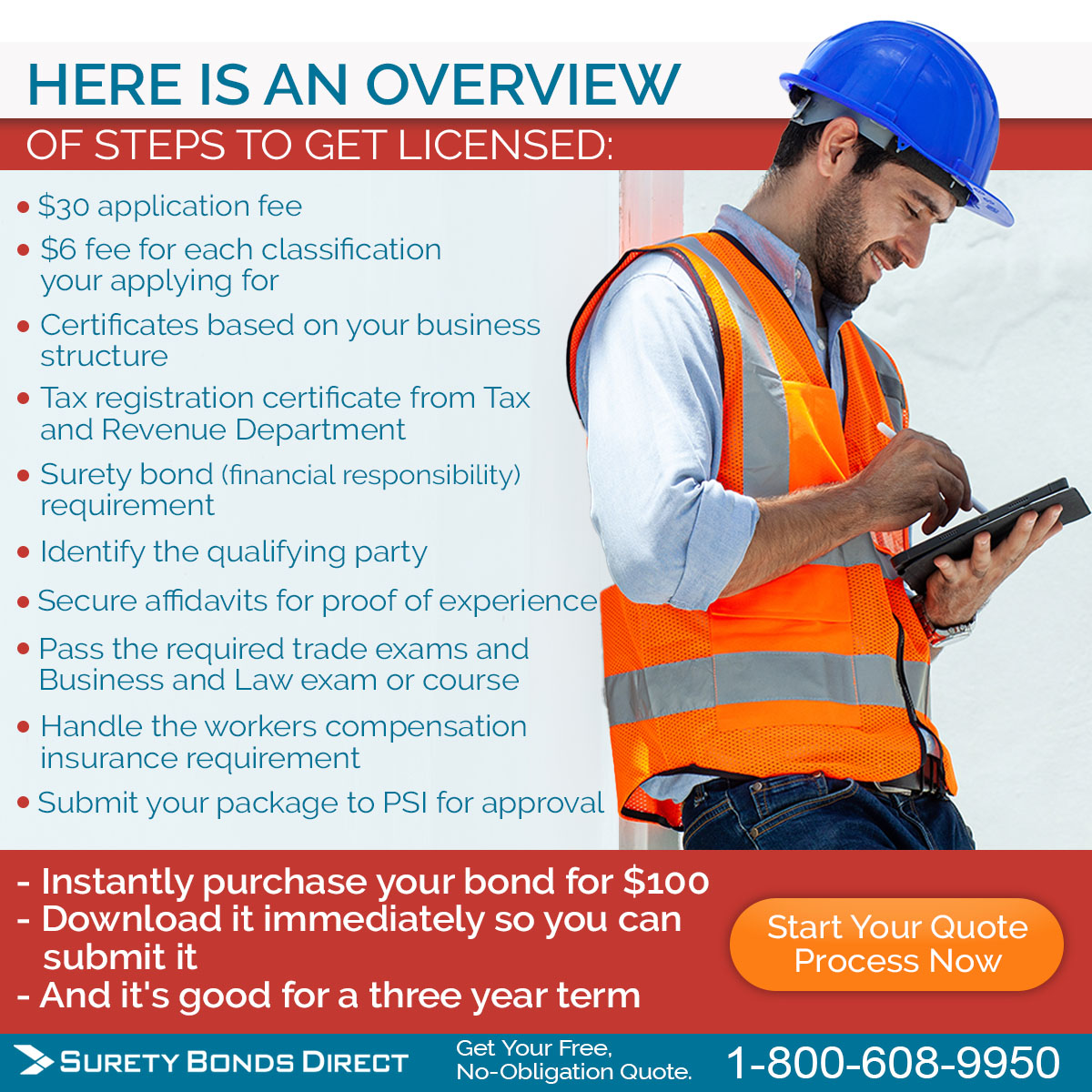 There are a number of steps to get your contractor license in New Mexico. Here's a full list of each step so you can see your requirements at a high level.