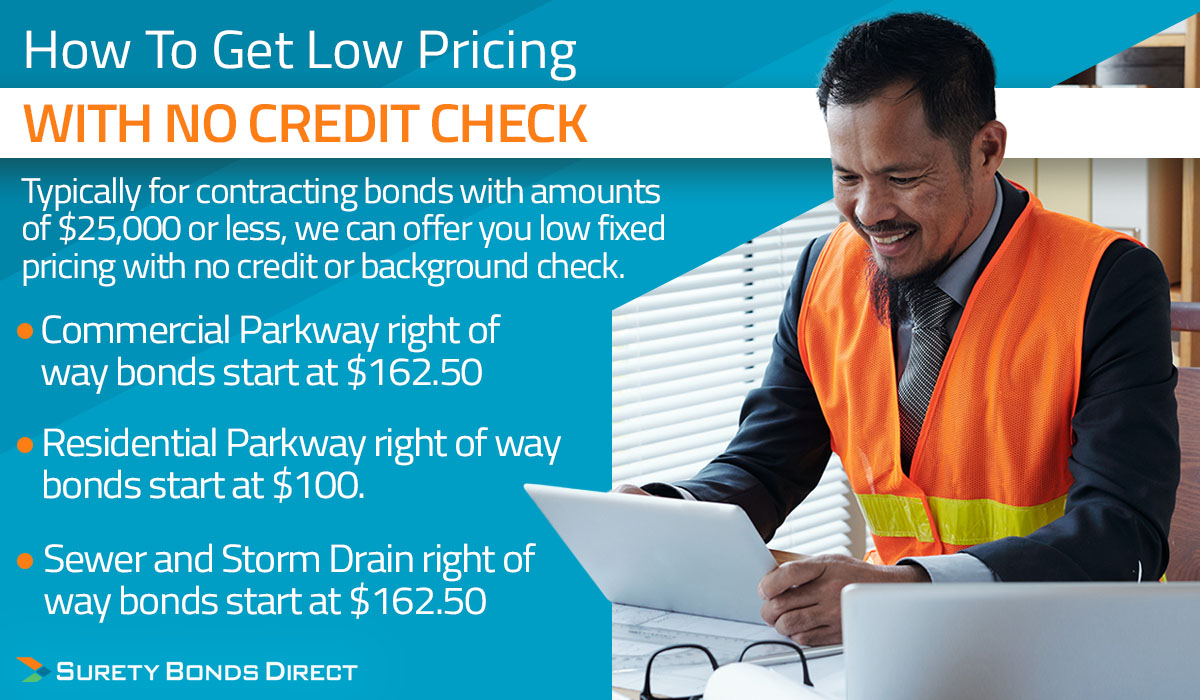 You can get low pricing by working with a surety agency because they will price shop for you to find the lowest price. We can help you get pricing and skip having to have credit be a factor in the pricing.