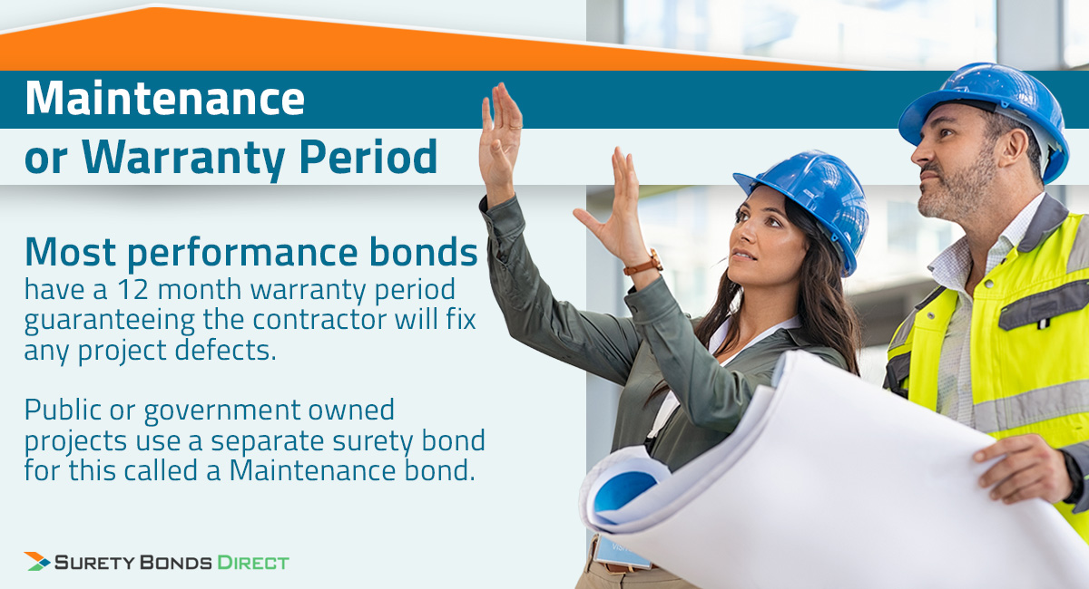 Every performance bond has a maintenance or warranty period that lasts typically one year. During this period the general contractor must fix any construction defects that may occur. For government or public projects