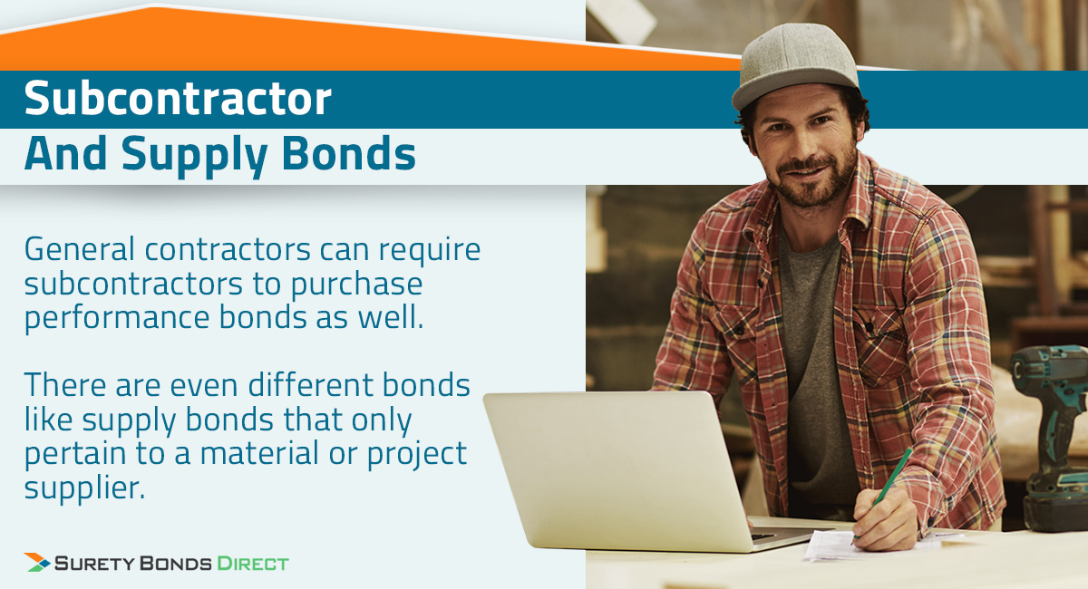 Subcontractors may have to purchase performance surety bonds a well to ensure they complete the work they are contracted for. This is typically the case when a subcontractor has one major part of the project. Supply bonds are another type of bond that can be used for critical supplies during the construction project as well.