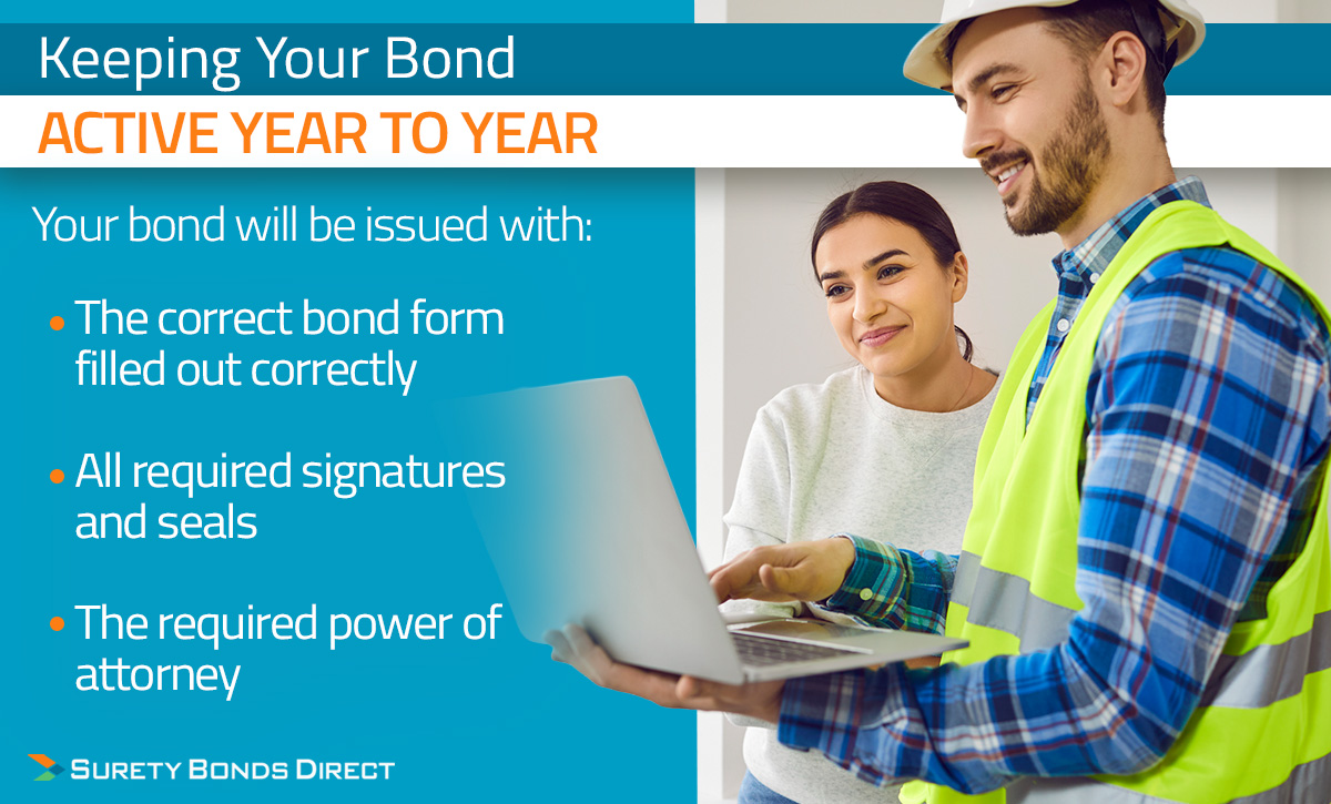 Keeping your bond active is easy. When you purchase your bond you can typically purchase it for a 1 to 3 year term. Renewing it only requires paying the renewal premium and we'll help you pay a low price and manage your bond for you.