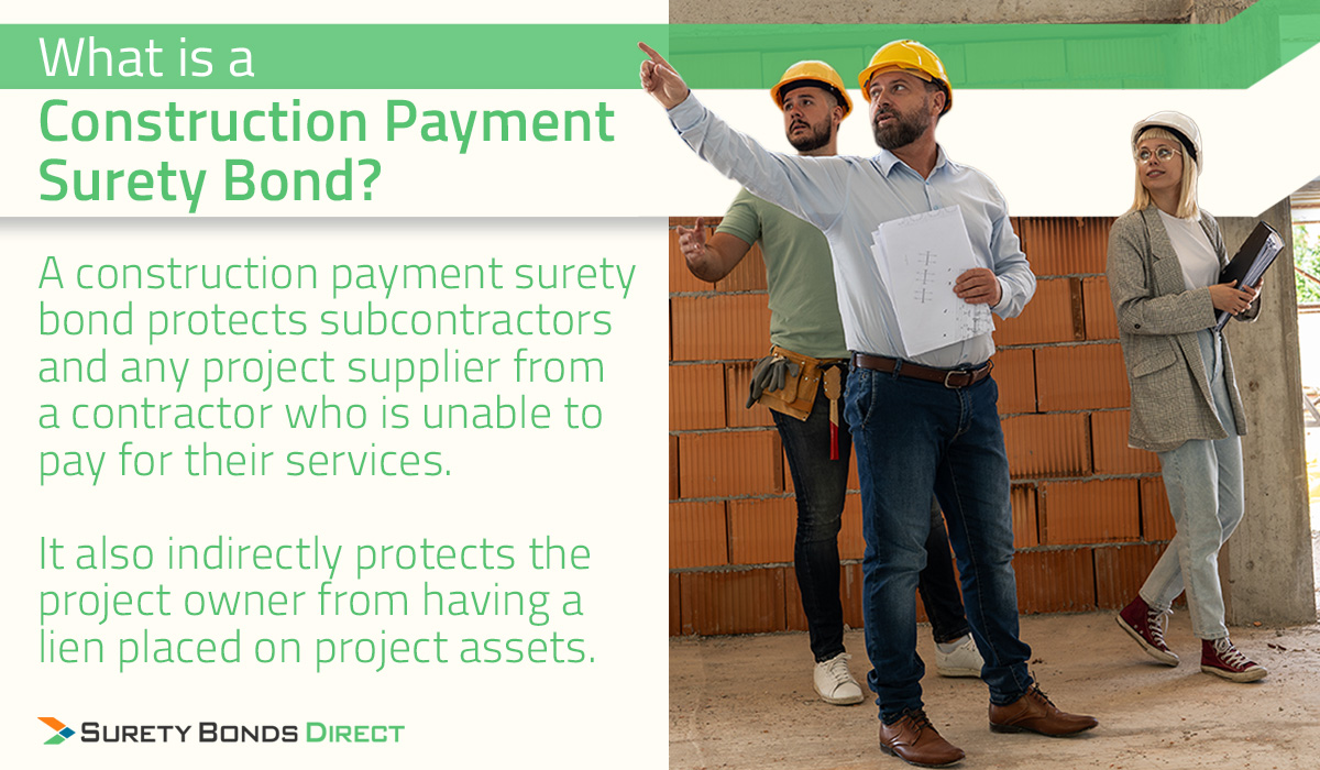 A construction payment bond is a surety bond that protects subcontractors and any material or supply vendors of a construction project from not being paid by the general contractor.