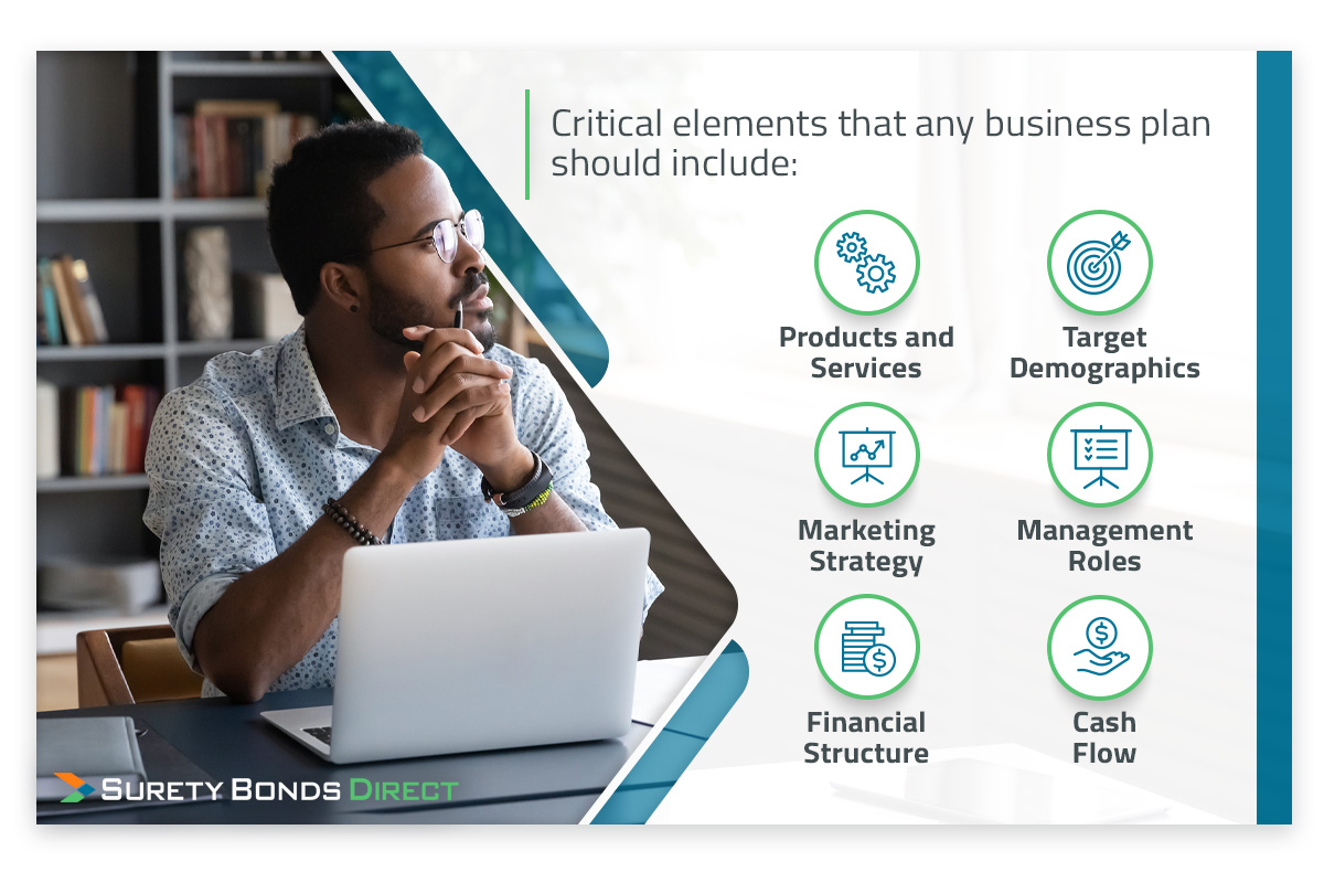 Critical elements that any business plan should include: products and service, target demographics, marketing strategy, management roles, financial structure, and cash flow.