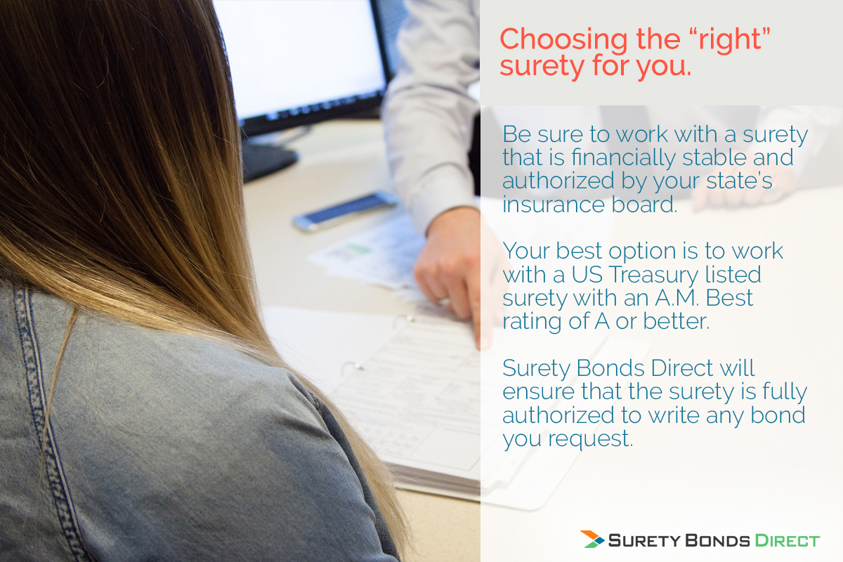 Choosing the right surety for you. Be sure to work with a surety that is financially stable and authorized by your state's insurance board. Your best option is to work with a US Treasury listed surety with an A.M. Best rating of A or better. Surety Bonds Direct will ensure that the surety is fully authorized to write any bond you request.